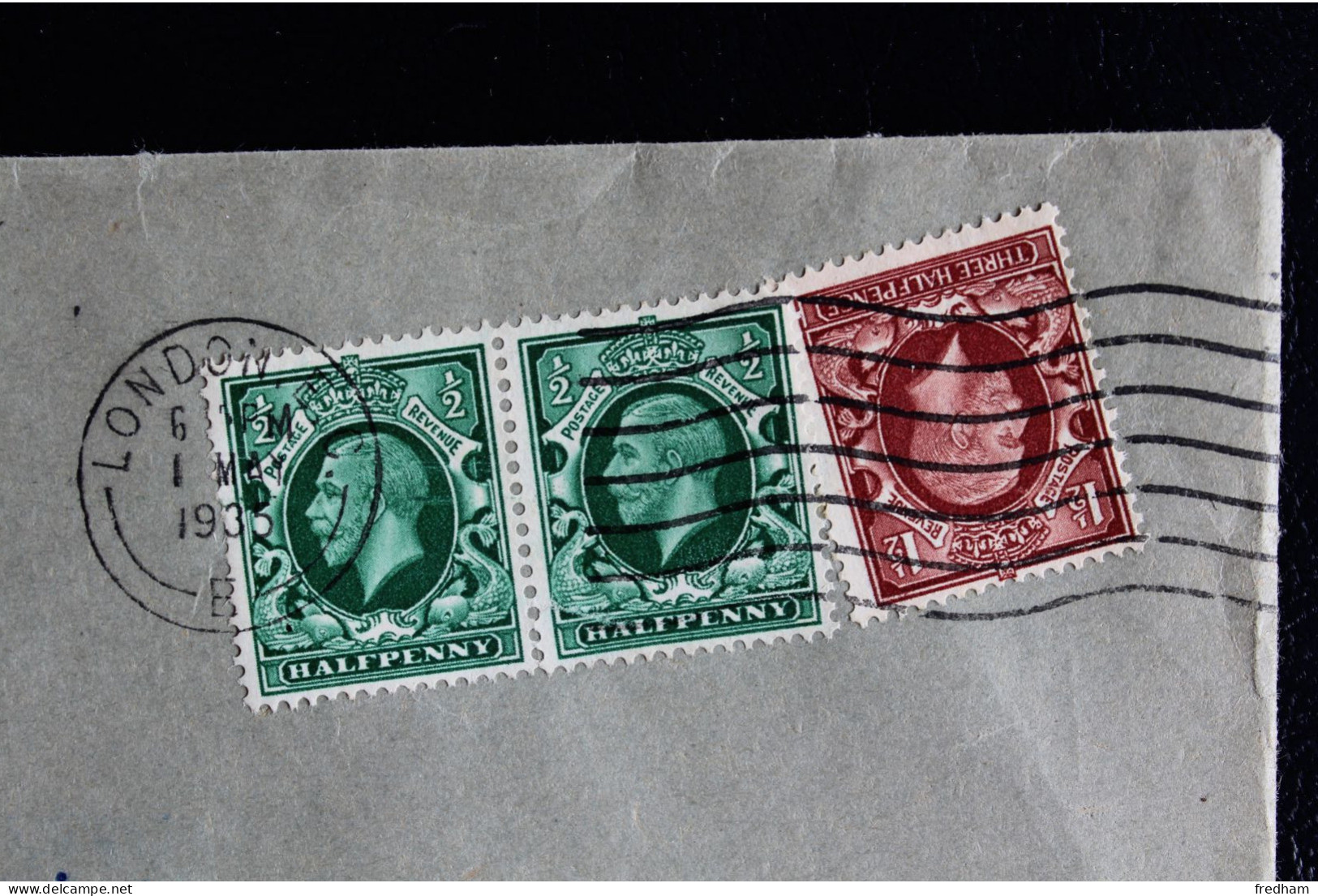 LSC 1/5/1935 OBLI MECA LONDRES 7LO TP GEORGES V THREE HALFPENCE ET HALF PENNY (paire)  POUR MONTBELIARD FRANCE - Storia Postale