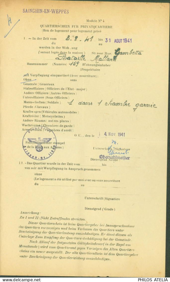 Guerre 40 Bon Logement Pour Soldat Occupant Sainghin En Weppes 3 8 41 Cachet Feldpostnummer 11885 Kommandantur Nord - 2. Weltkrieg 1939-1945