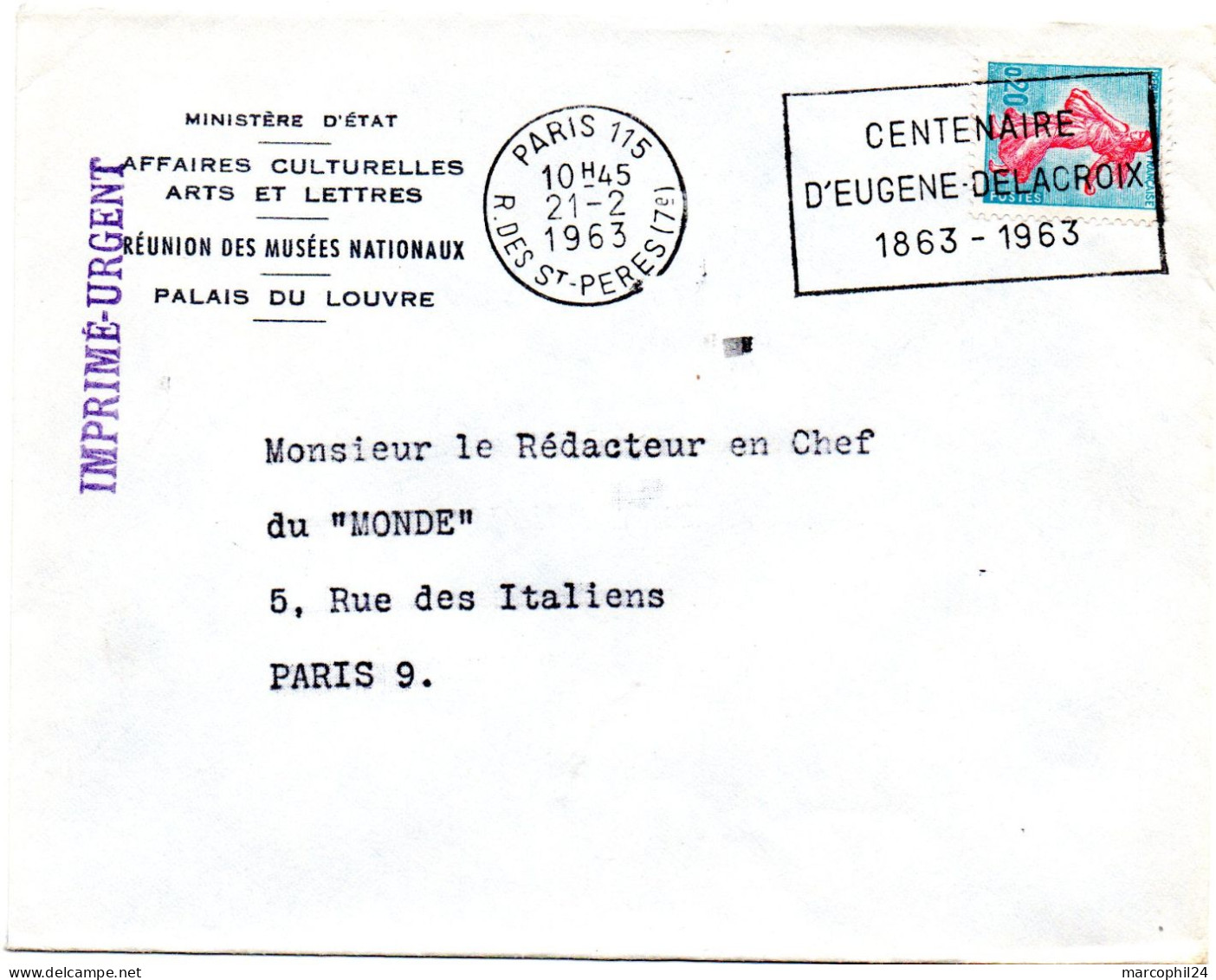 PARIS 115 / R. Des Saints Pères (7e)  1963 = FLAMME SECAP  ' CENTENAIRE D'Eugène DELACROIX 1863 ' - Impresionismo