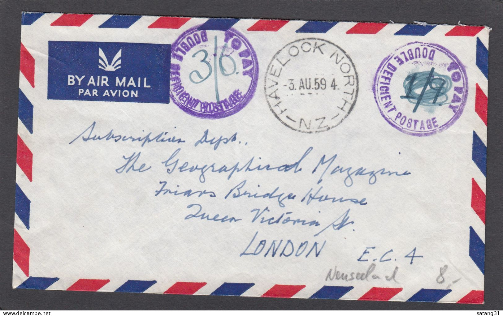 LETTRE DE HAVELOCK,SANS AFFRANCHISSEMENT,POUR LONDRES,AVEC CACHET "DOUBLE DEFICIENT POSTAGE",1959. - Covers & Documents