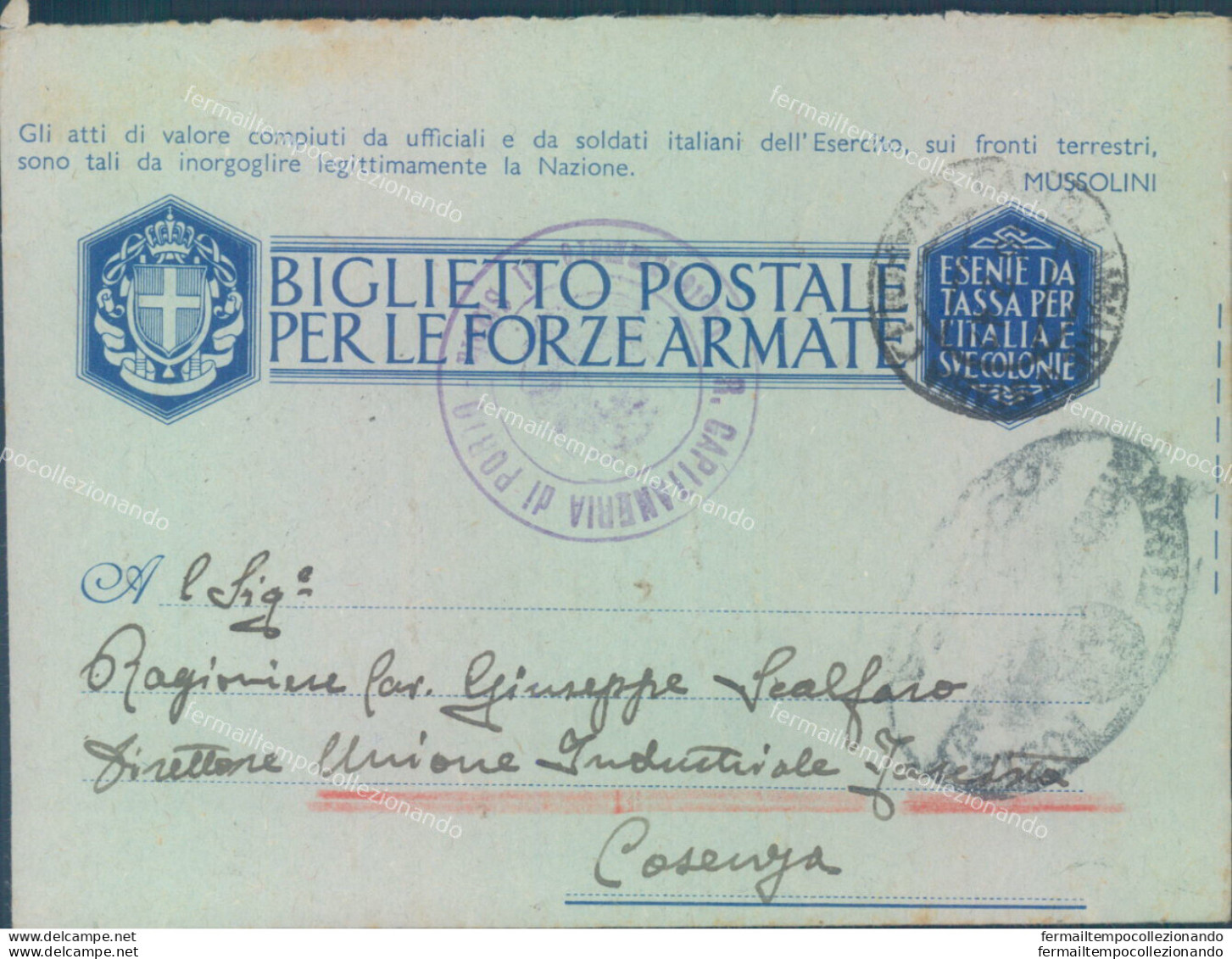 A1491 Biglietto Postale Franchigia Militare Per Cosenza - Portofreiheit