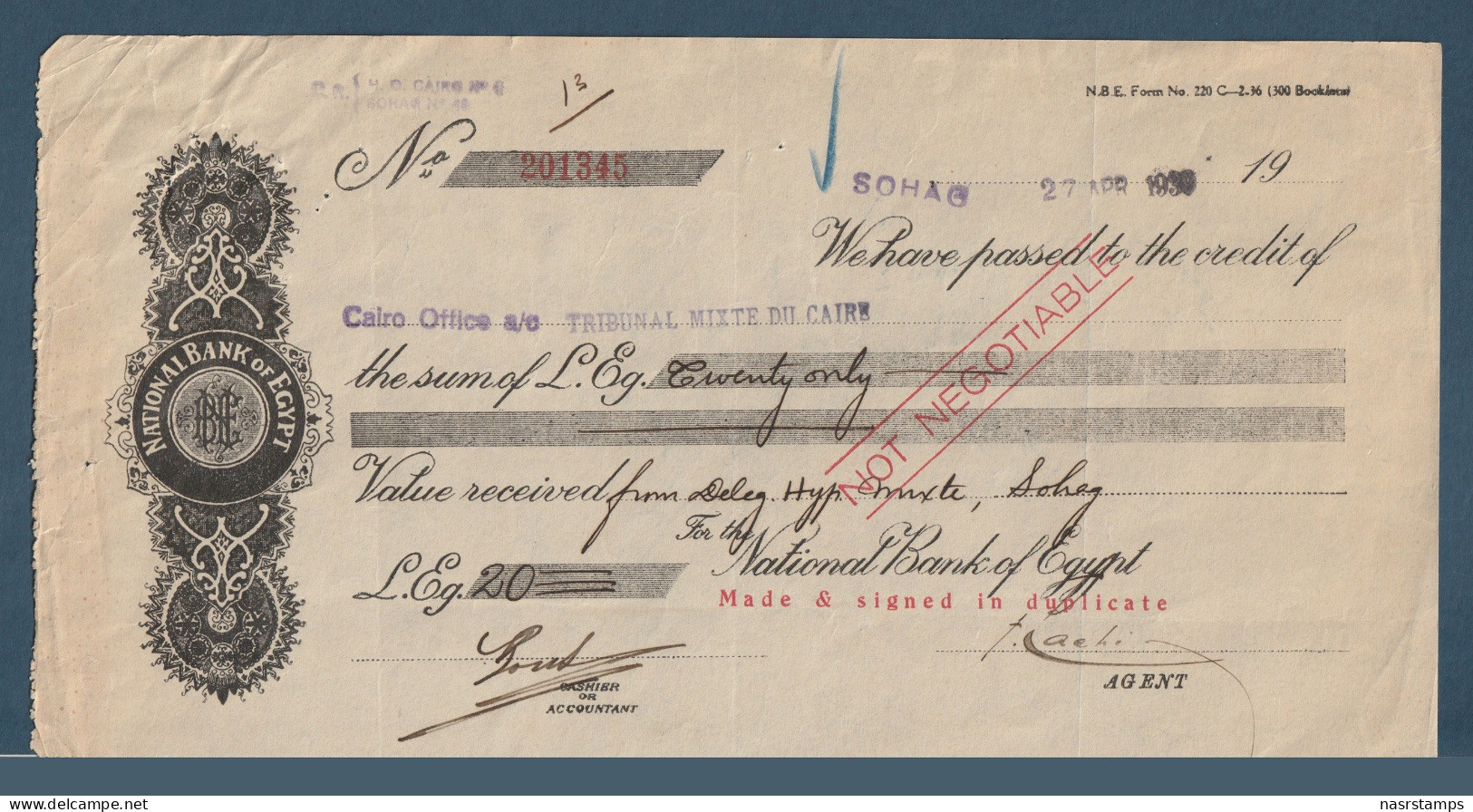 Egypt - 1939 - Vintage Check - ( National Bank Of Egypt - Cairo ) - Ongebruikt