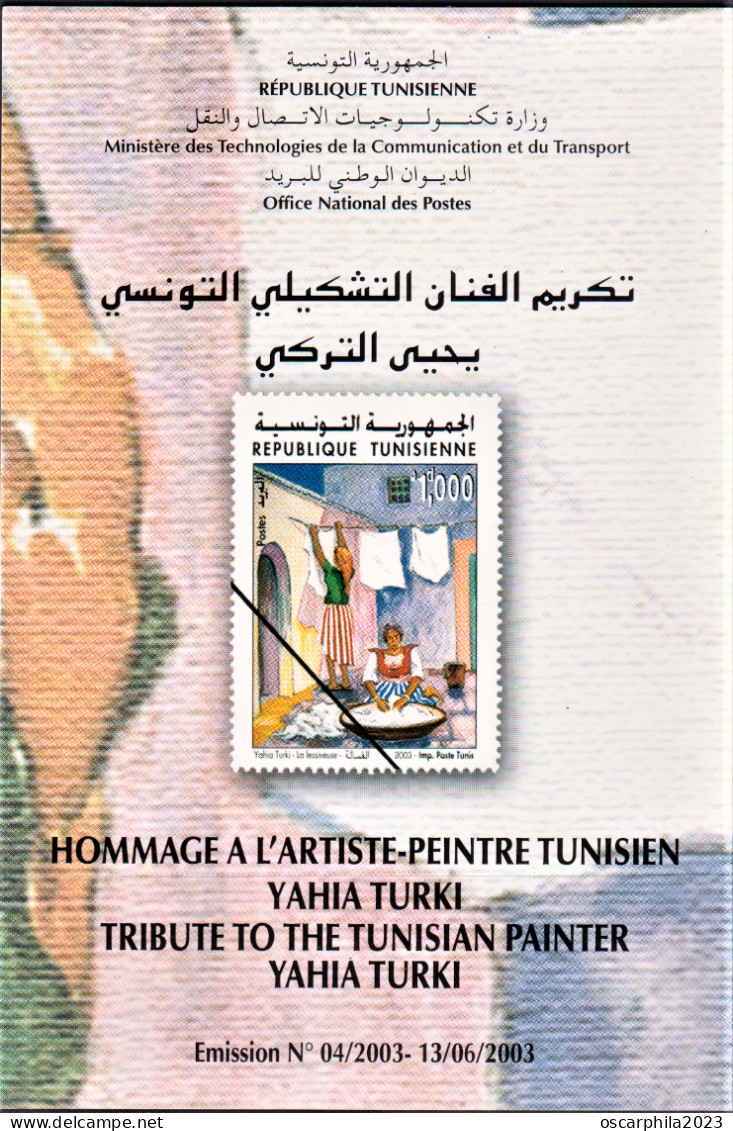 2003-Tunisie / Y&T 1481 - Hommage A L'artiste-Peintre Tunisien Yahia Turki - Tableau " La Lessiveuse" - Prospectus - Tunesien (1956-...)