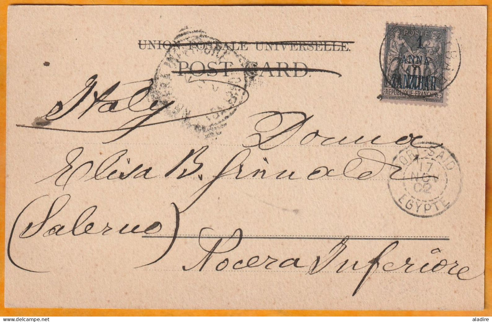 1902 - Bureau Français à L'Etranger - 10 C Sage Surch 1 Anna Sur CP De Zanzibar Vers L' Italie Via Port Said, Egypte - Lettres & Documents