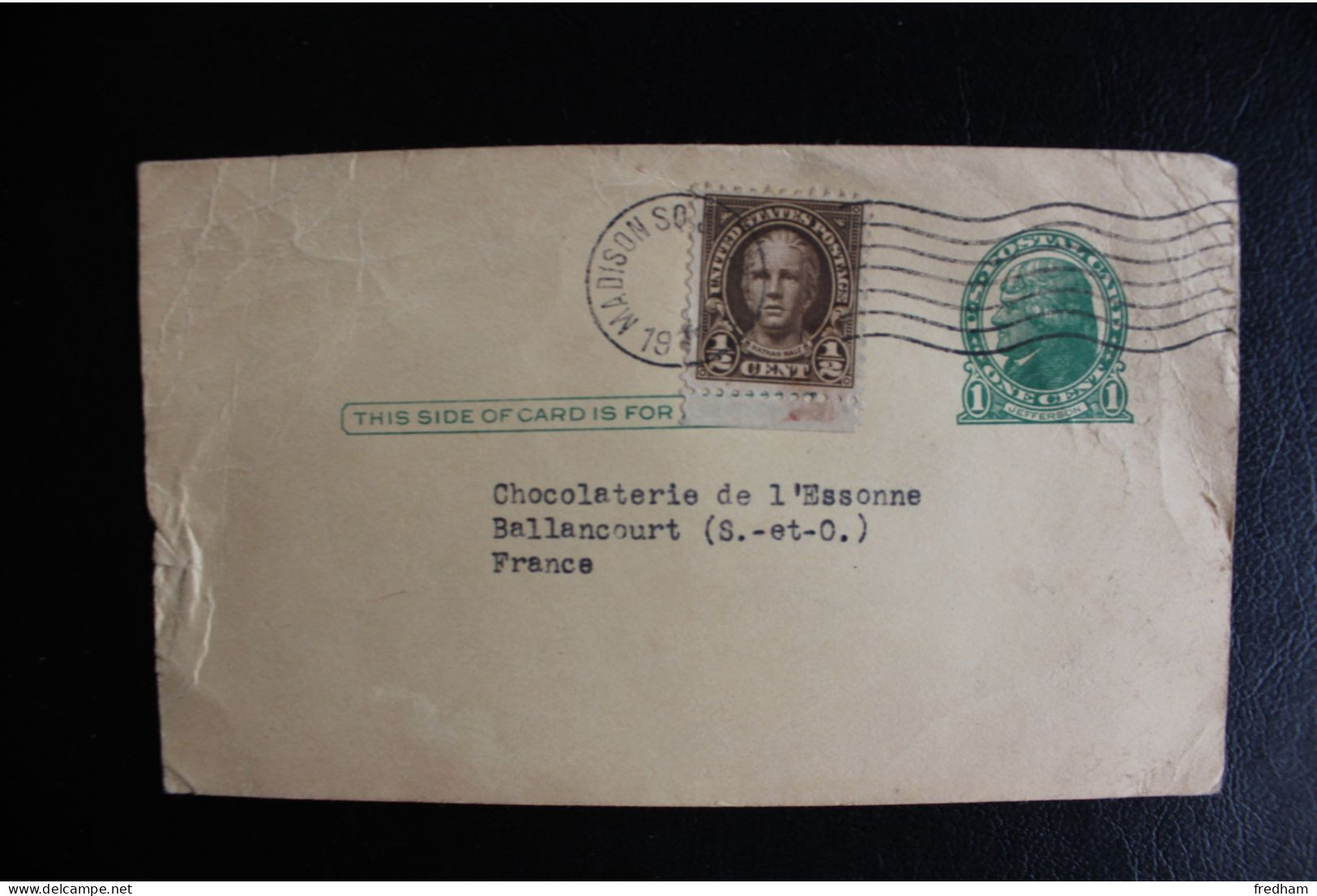 ETATS-UNIS ENTIER POSTAL ONE CENT T.JEFFERSON OBLI MECA MADISON SQUARE +COMP AFFRNT 1/2 CENT HALE POUR BALLANCOURT - 1921-40