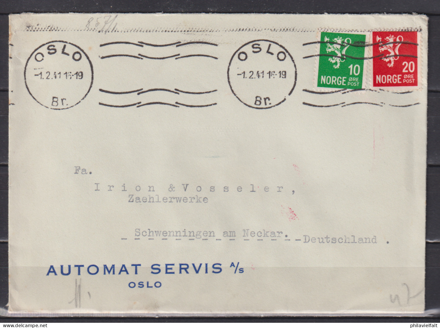 Norwegen Auslandsbrief Oslo 1.2.41 MiF 181,184 Mit OKW-Zensur Nach Deutschland - Covers & Documents