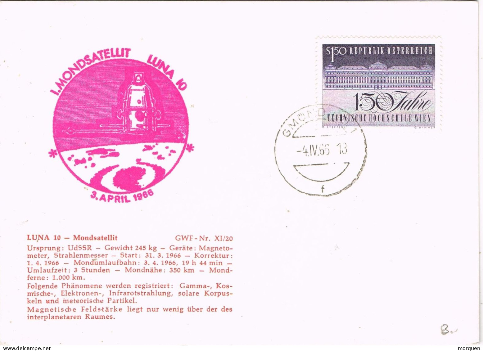 54653. Tarjeta GMUND (Austria) 1965. SPACE Mondsatellit LUNA 10 - Cartas & Documentos