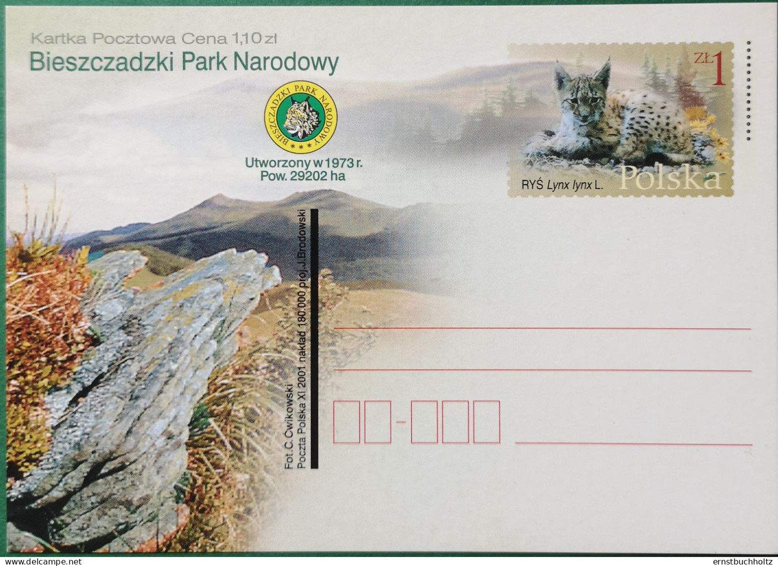 Polen Bildpostkarte 2001 Bieszczadzki Park Narodowy Mit Luchs - Unused Stamps