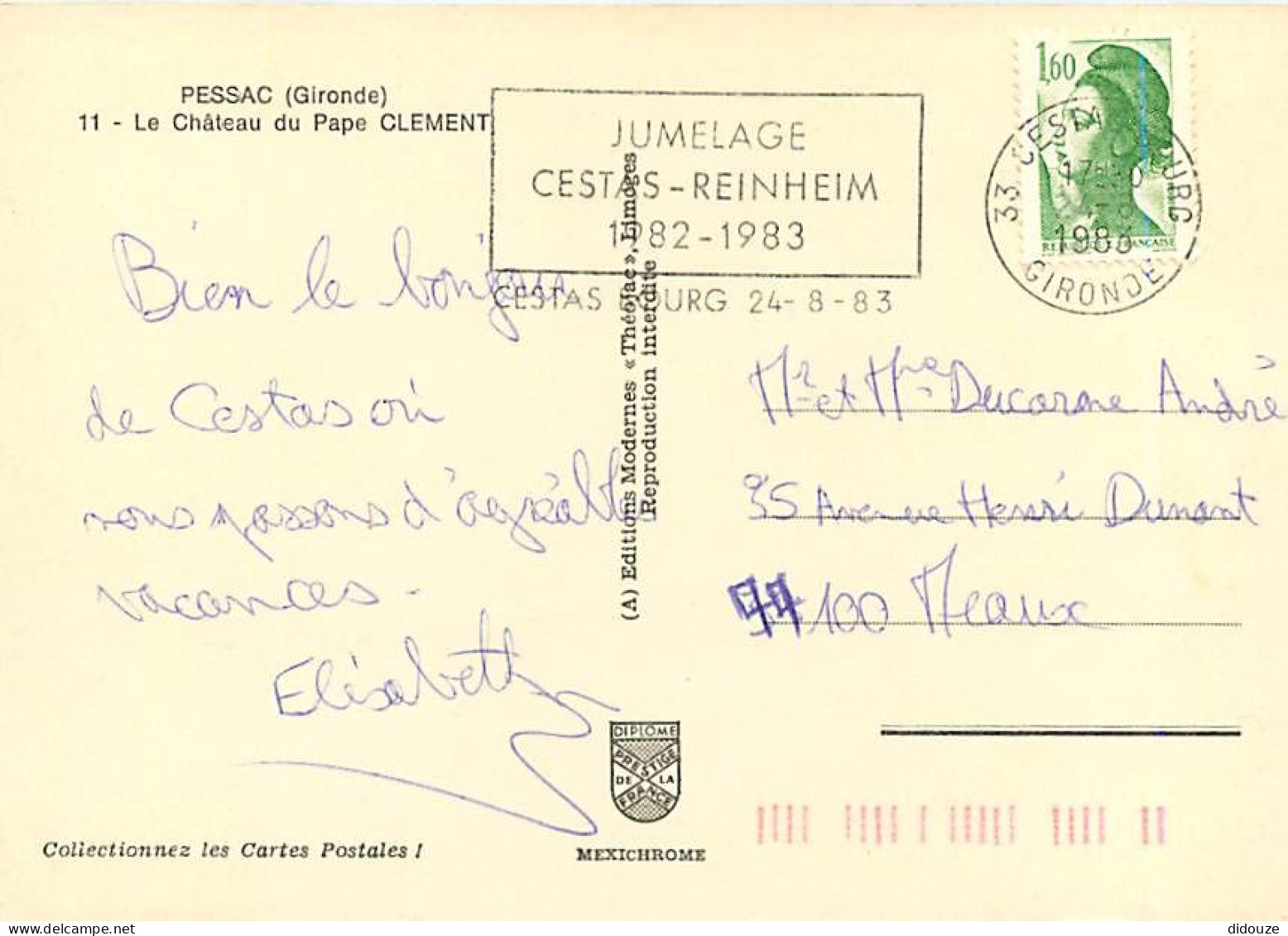 33 - Pessac - Le Château Du Pape Clément - Flamme Postale De Cestas Bourg - CPM - Voir Scans Recto-Verso - Pessac