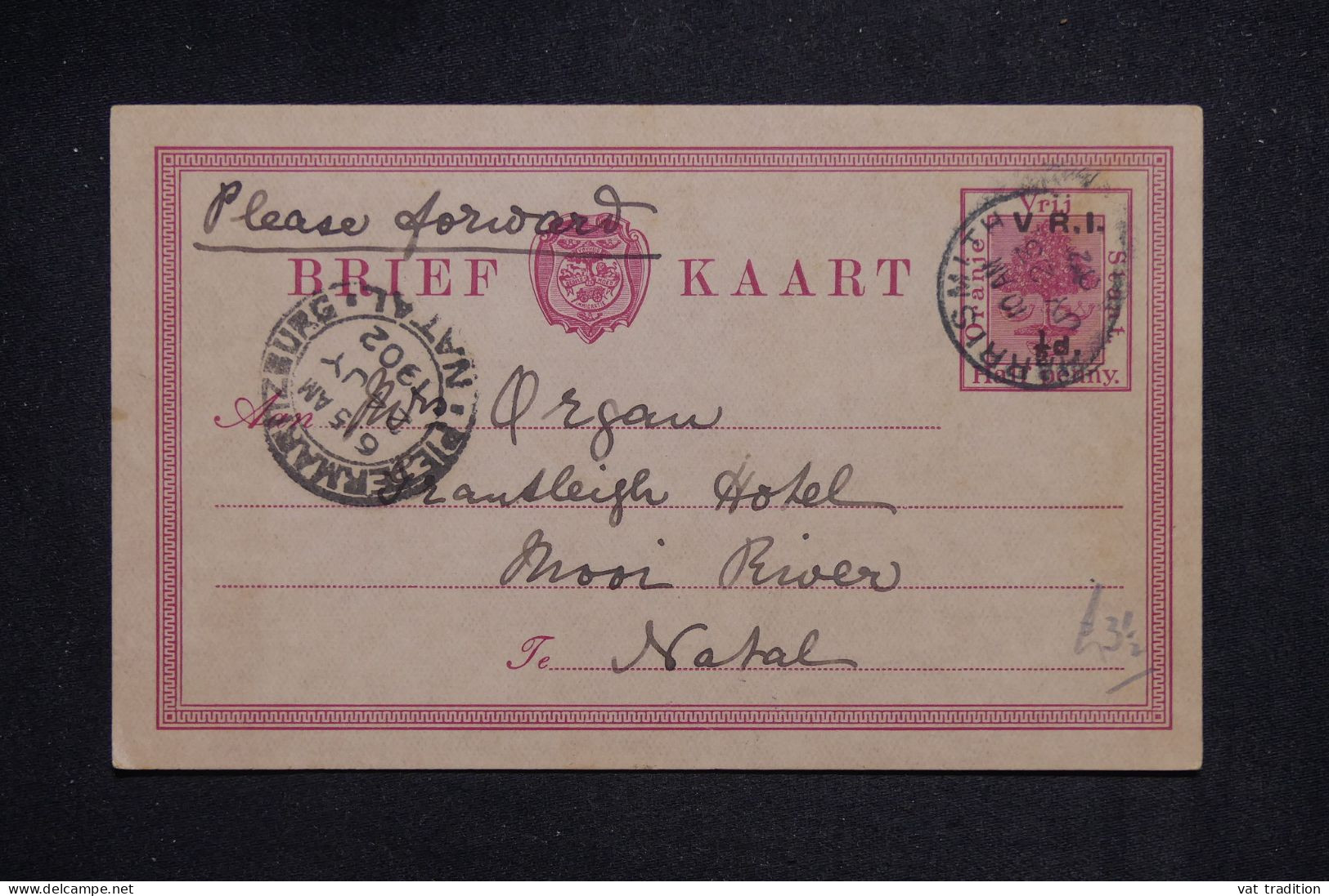 ETAT LIBRE D'ORANGE - Entier Postal Surchargé, De Harrismith Pour Pietermaritzburg En 1902 - L 151386 - Oranje-Freistaat (1868-1909)