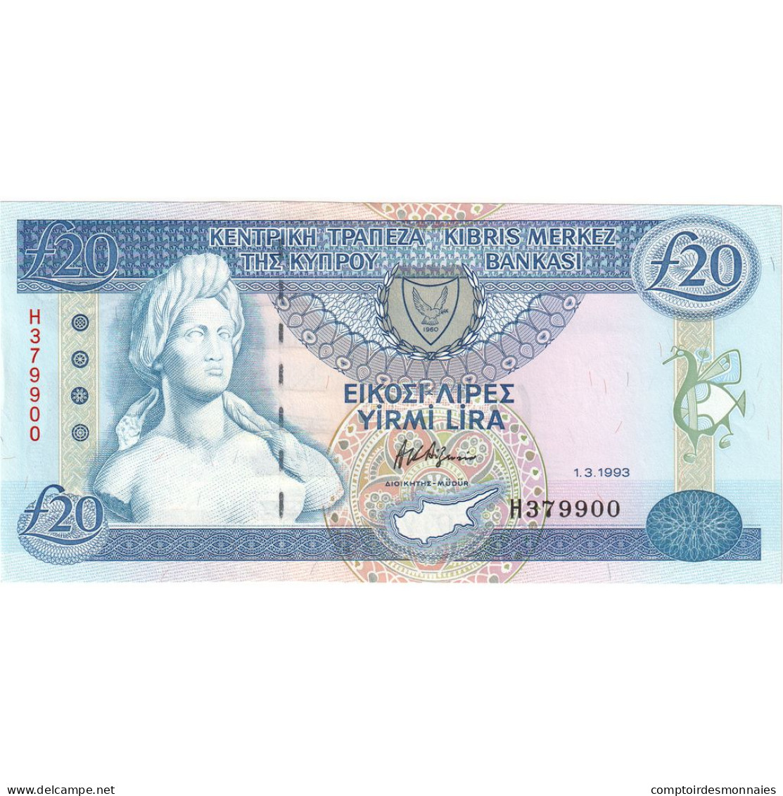 Chypre, 20 Pounds, 1993, 1993-03-01, KM:56b, NEUF - Chipre