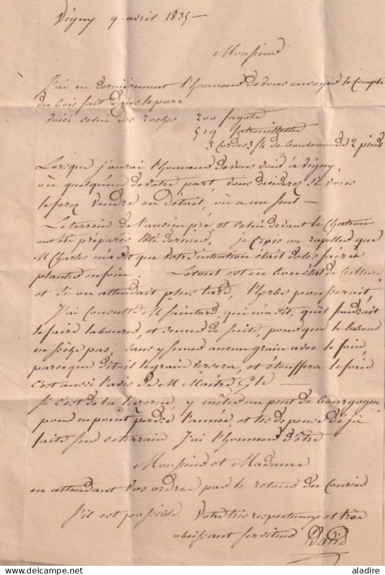 1835 - Cursive 72 VAUX, S. & Oise Et Dateur Sur Lettre Pliée Avec Corresp. De Vigny Vers Paris, Dateur - Décime Rural - 1801-1848: Precursors XIX