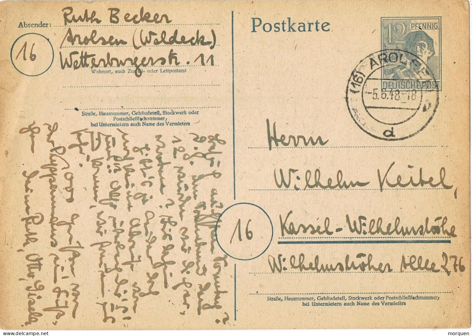 54656. Tarjeta Entero Postal AROLSEN /Wald) Alemania Zona A.A.S. 1948, Anglo America Sovietoca Zone - Postal  Stationery