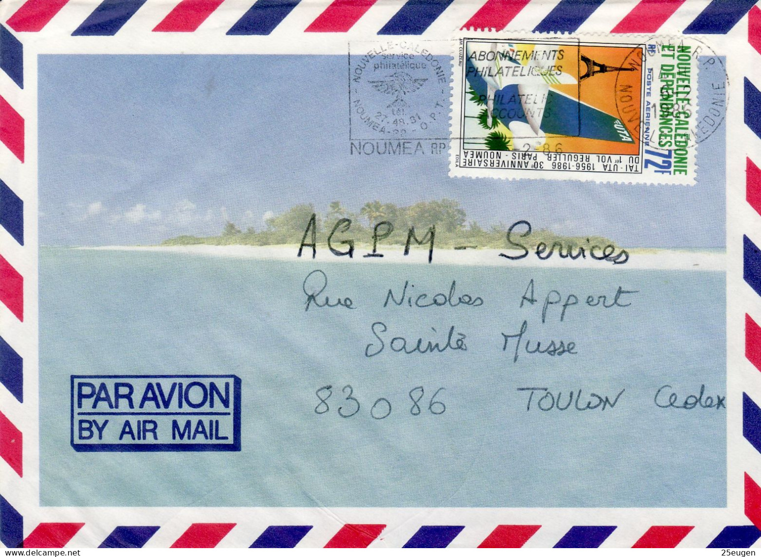 NEW CALEDONIA 1986 AIRMAIL LETTER SENT FROM NOUMEA TO TOULON - Storia Postale