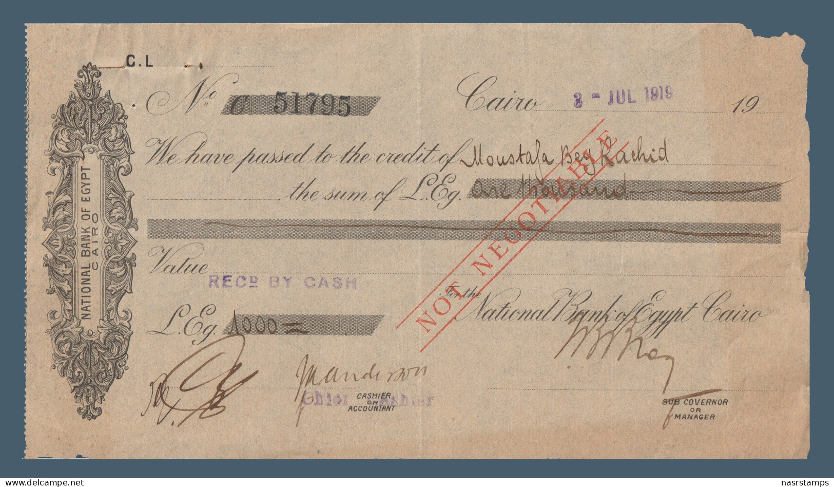 Egypt - 1919 - Vintage Check - ( National Bank Of Egypt - Cairo ) - Cheques En Traveller's Cheques