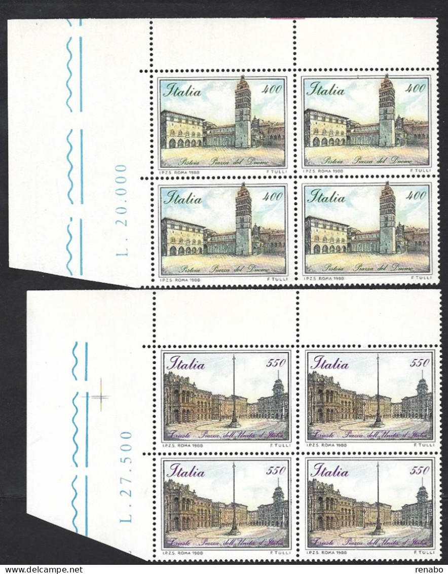 Italia 1988; Piazze D’ Italia, 2° Serie; Serie Completa In Quartine Di Angolo Superiore. - 1981-90: Mint/hinged