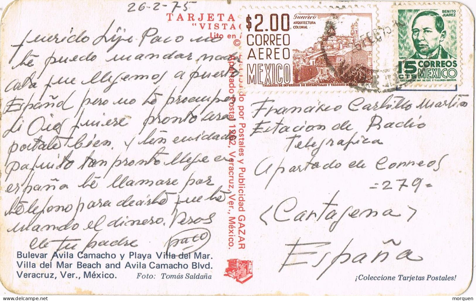 54659. Postal Aerea VERACRUZ (Mexico) 1975. Playa Villa Del Mar Boulevar Avila Camacho - México