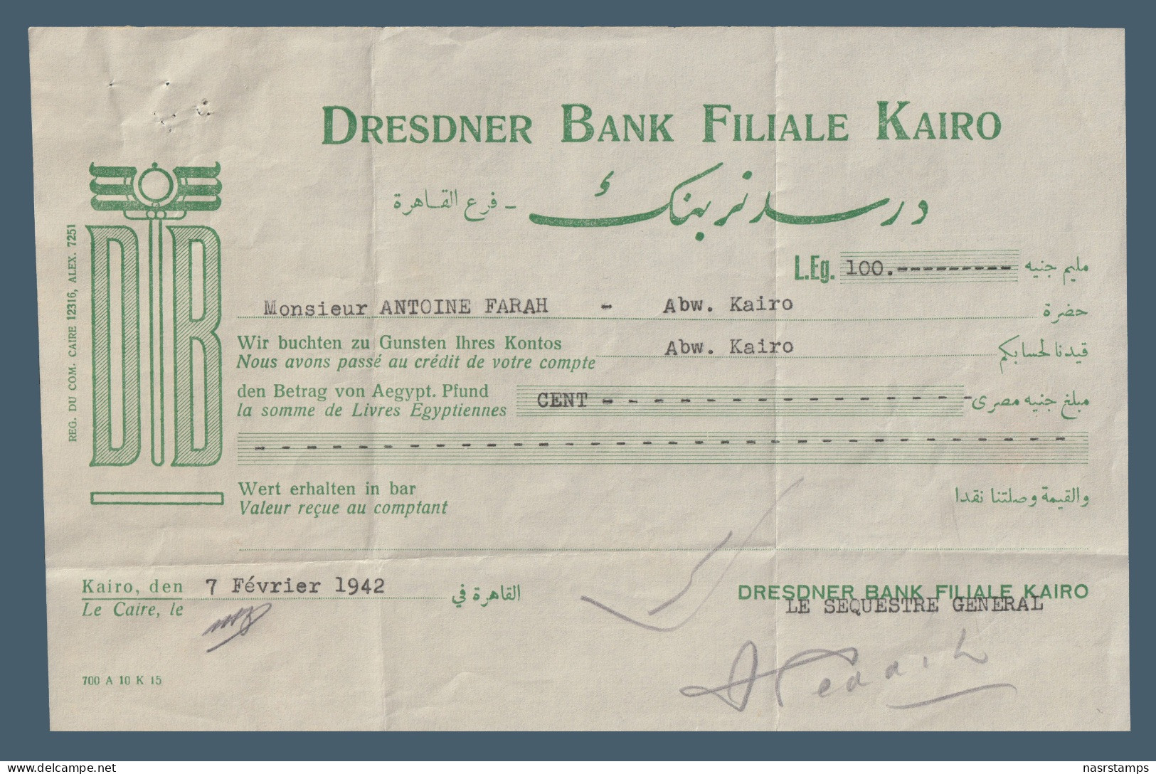 Egypt - 1942 - Vintage Check - ( Dresdner Bank Filiale - Cairo ) - Schecks  Und Reiseschecks