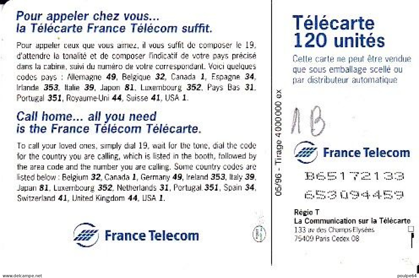 F657a 05/1996 - TÉLÉCARTE - CALL HOME 96 - 120 GEM1B - 1996