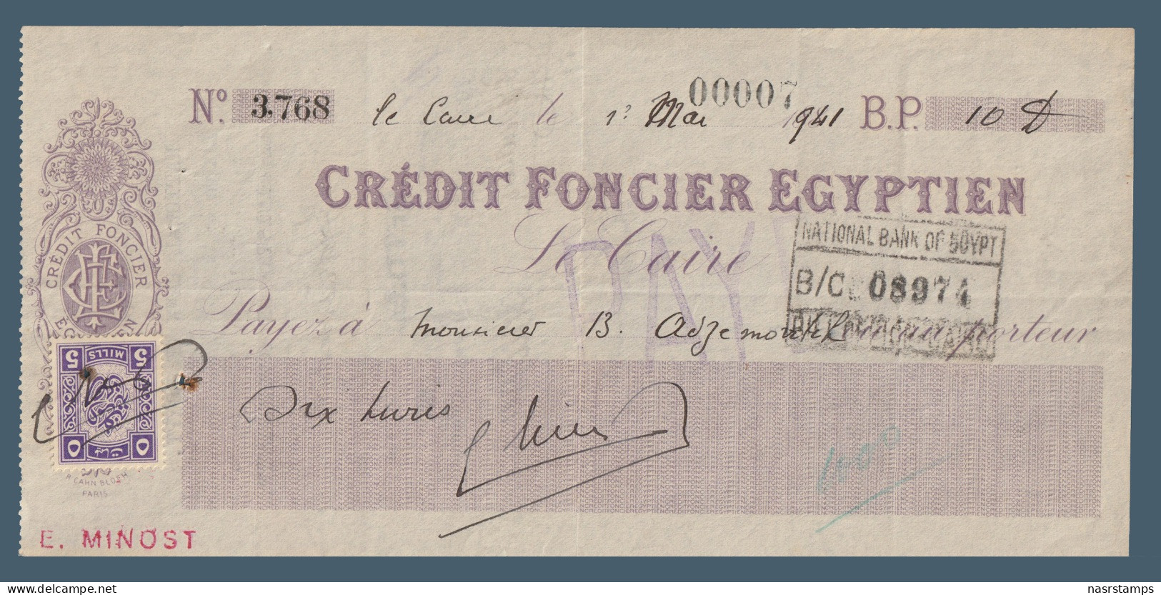 Egypt - 1941 - Vintage Check - ( Credit Foncier Egyptien - Cairo ) - Schecks  Und Reiseschecks