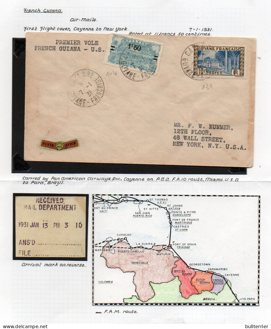 FRENCH GUIANA-  1931 - FAM FIRST  FLIGHT COVER CAYENNE TO NEW YORK WITH BACKSTAMP  - Lettres & Documents