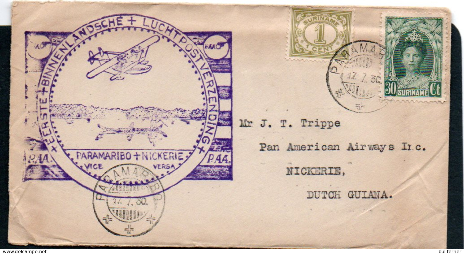 SURINAM - 1930 - PAN AM   AIRLINES  FLIGHT COVER PARAMARIB0 TO NICKERIE WITH BACKSTAMPS  - Surinam ... - 1975