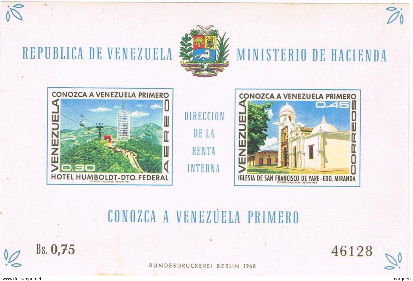 54660. Hojita Block VENEZUELA, Ministerio Hacienda 1968. Hotel Humboldt E Iglesia San Francisco De Yare ** - Venezuela