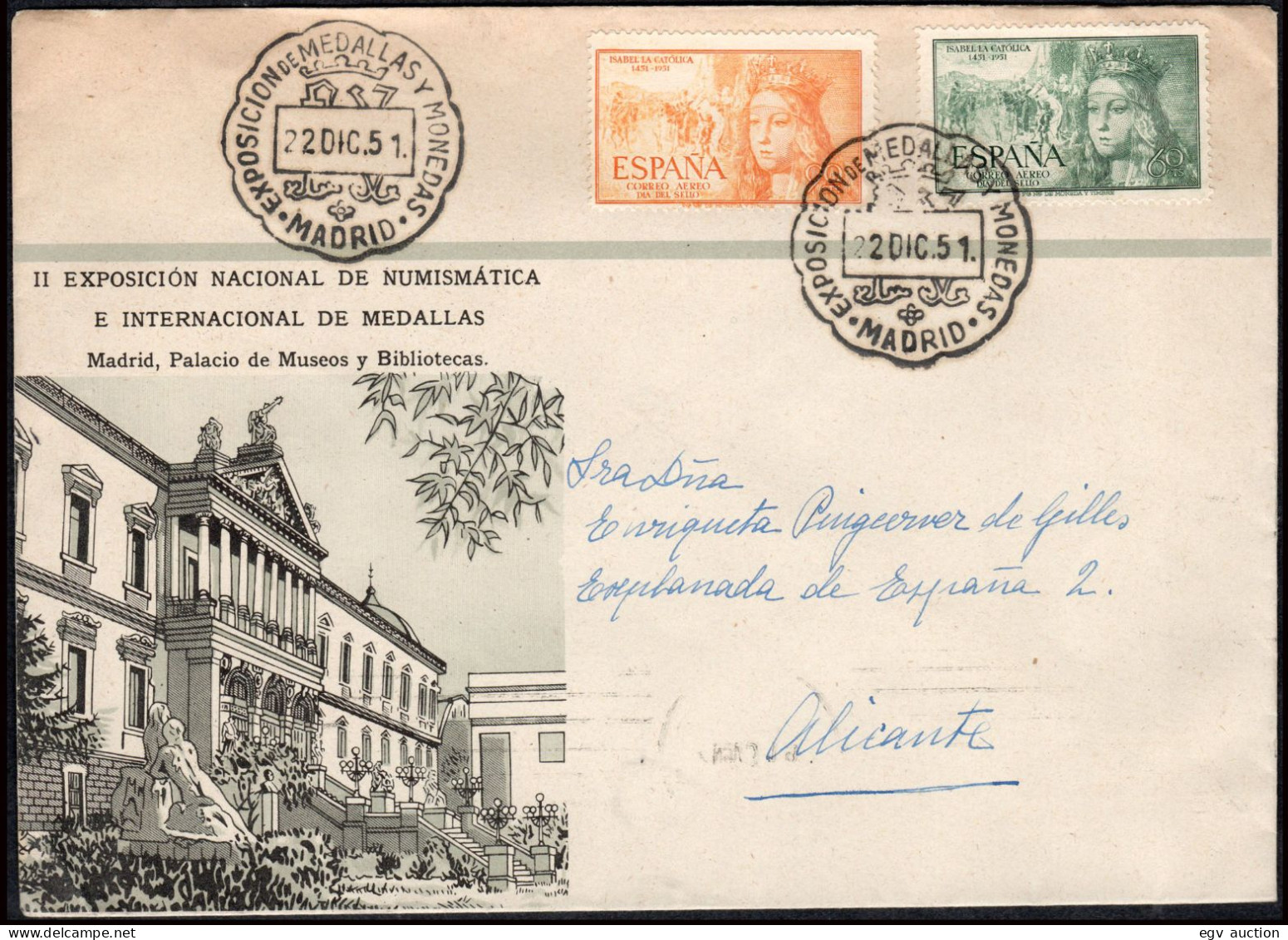 Madrid - Edi O 1097+1098 - Mat "Madrid 22/12/51 - Exp. Medallas Y Monedas" A Alicante - Cartas & Documentos