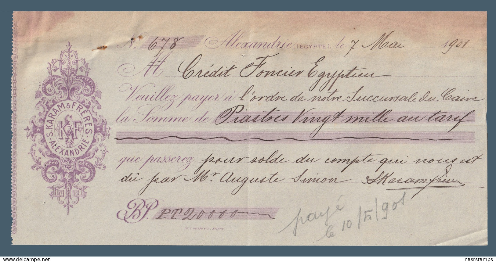 Egypt - 1901 - Vintage Receipt - ( S. KARAM & FRERES - Alex. ) - Cheques & Traveler's Cheques