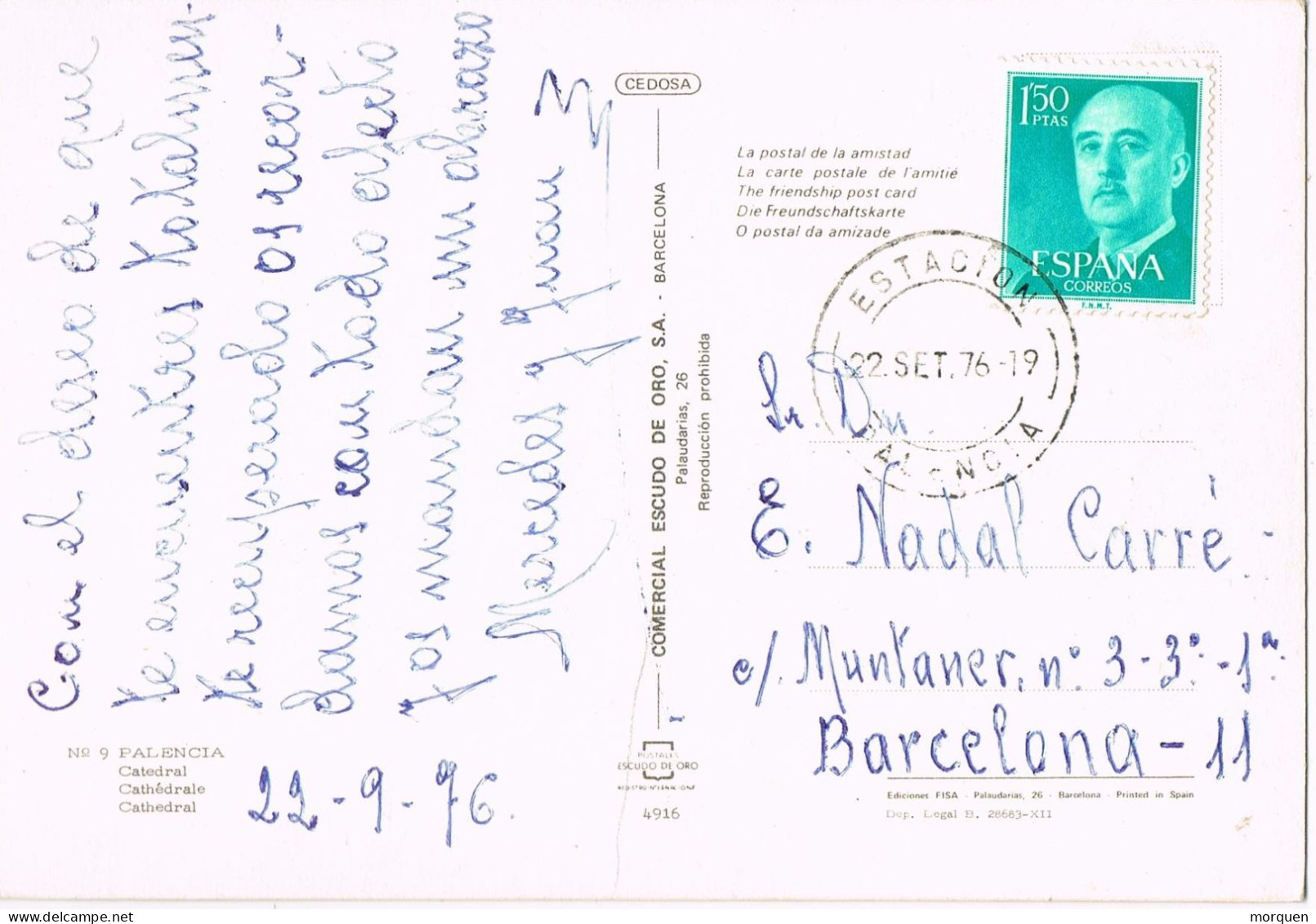 54661. Postal PALENCIA 1976- Fechador ESTACION. Vista De La Catedral - Cartas & Documentos