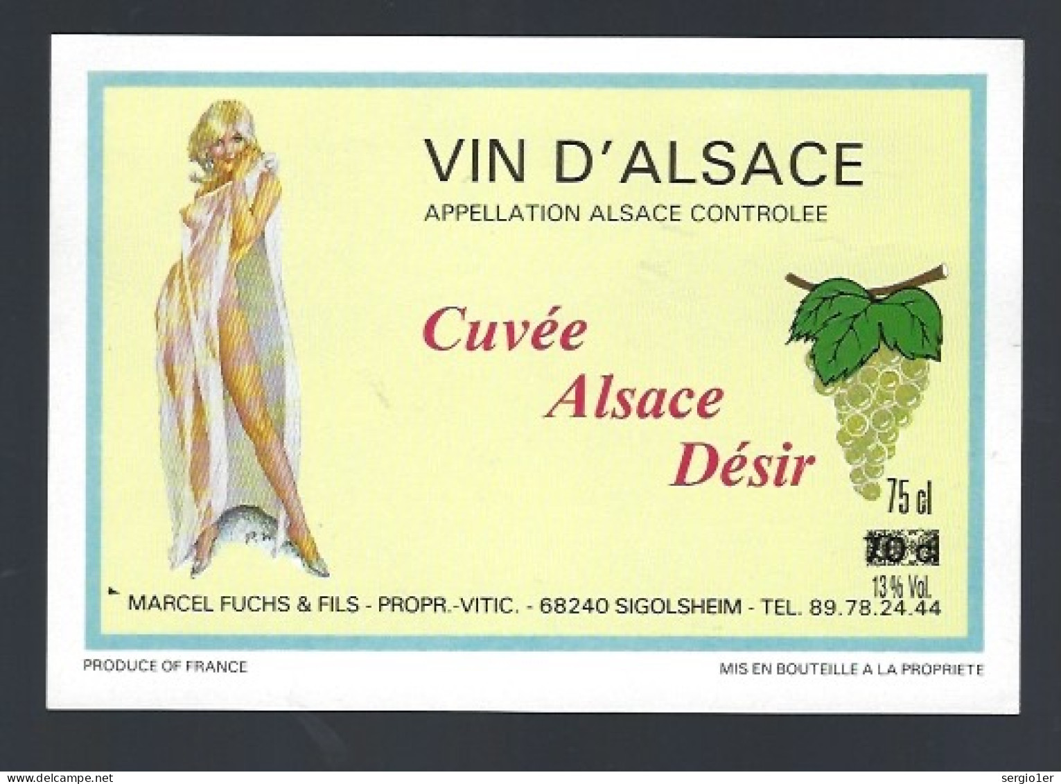 Etiquette Vin Cuvée Alsace Désir Marcel Fuchs Propriétaire  " Femme Dénudée " - Vino Bianco