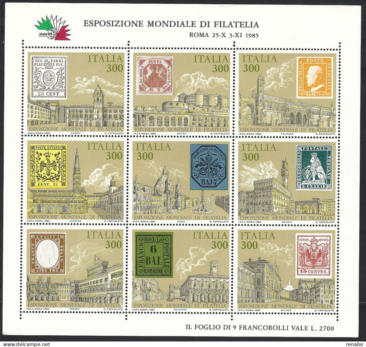 Italia 1985; “ITALIA ‘85”, Esposizione Internazionale Di Filatelia: Antichi Stati Italiani, Foglietto Di 9 Valori. - 1981-90: Nieuw/plakker