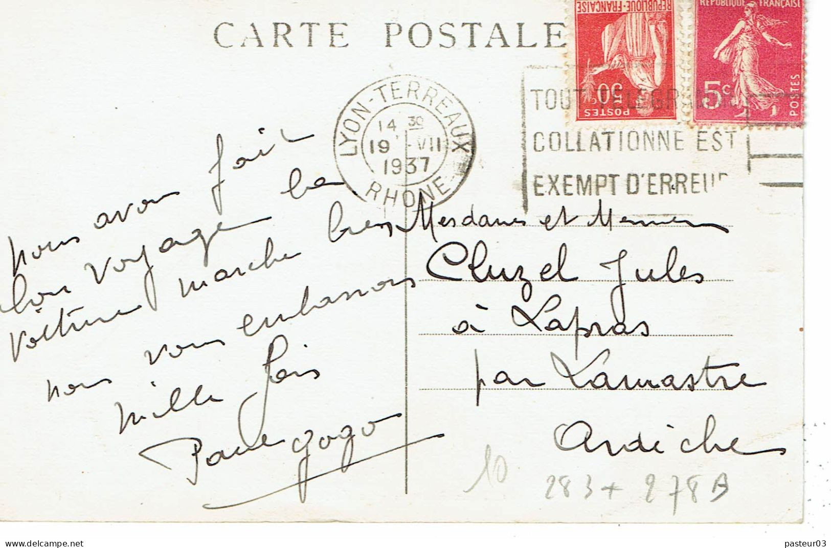 283 + 278 B Paix 50 C. Rouge Plus Semeuse Camée 5 C. Rose Flamme Flier Lyon Terreaux Rhone 10-8-1937 - 1932-39 Paz