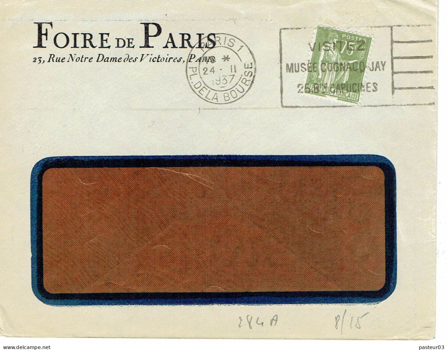 284 A Paix 75 C. Vert Flamme Paris 1 Place De La Bourse 24-2-1937 Enveloppe Foire De Paris - 1932-39 Vrede