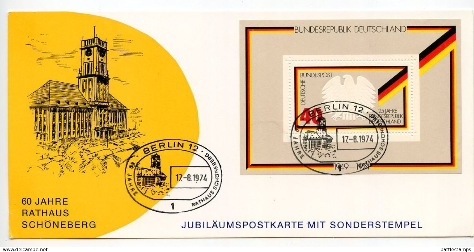 Germany, Berlin 1974 Souvenir Card - Schöneberg City Hall 60th Anniversary; Scott 1145 Souvenir Sheet - Brieven En Documenten