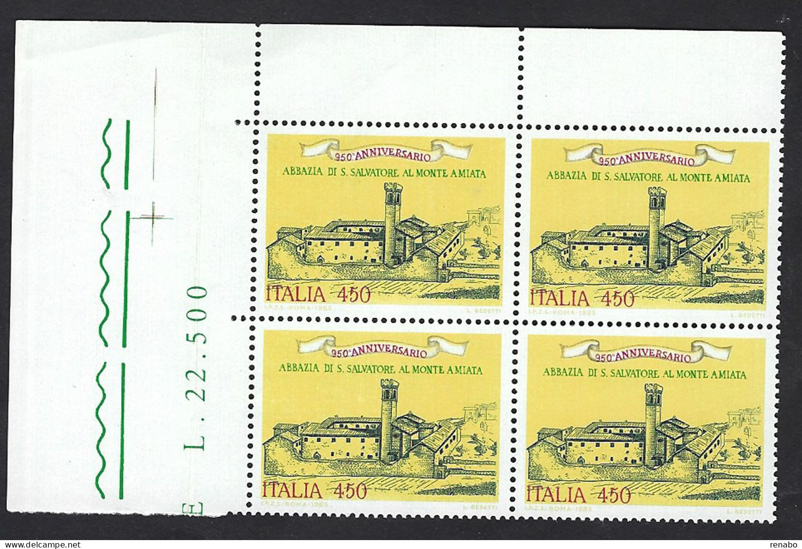 Italia 1985; Abbazia Di San Salvatore Al Monte Amiata: Quartina Di Angolo Superiore. - 1981-90: Mint/hinged