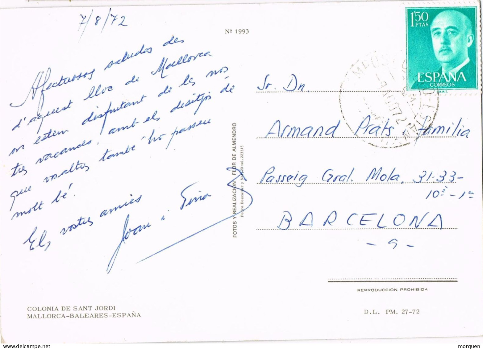 54663. Postal COLONIA SANTJORDI (Mallorca) 1972. Fechador C.E.M. CAMPOS DEL PUERTO-ESTANYOL - Lettres & Documents