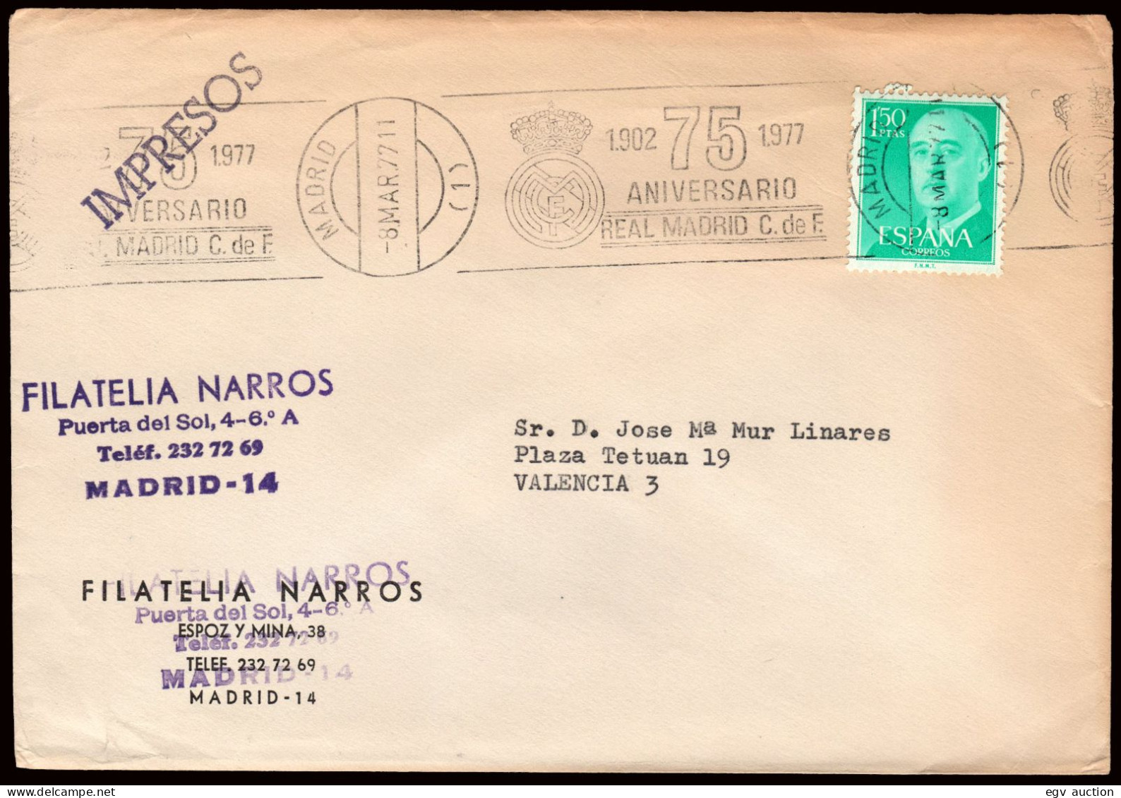 Madrid - Edi O 1155 - Mat Rodillo "Madrid 8/3/77 - 75 Aniversario Real Madrid C.F." - Covers & Documents