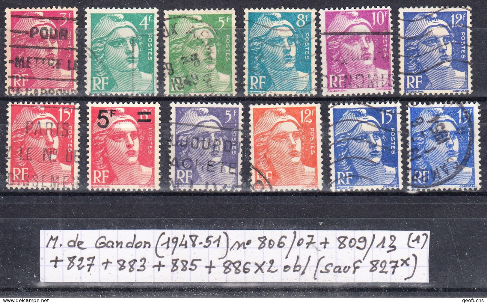 Marianne De Gandon (1948-51) Y/T N° 806/07 + 809/13 + 813 + 827 + 883 + 885 + 886X2 Oblitérés (sauf 827 *) (lot 1) - 1945-54 Marianne De Gandon