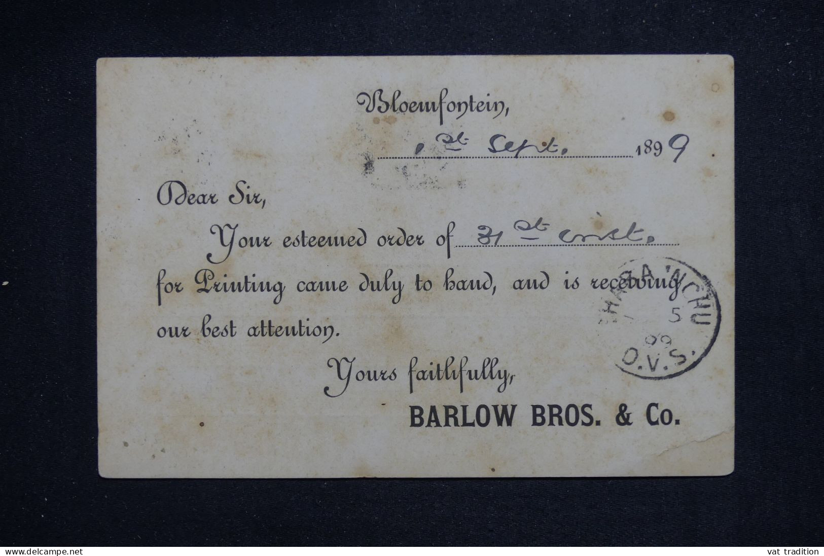 ETAT LIBRE D'ORANGE - Carte Précurseur De Bloemfontein Avec Repiquage Commercial Au Verso En 1899 - L 151401 - État Libre D'Orange (1868-1909)