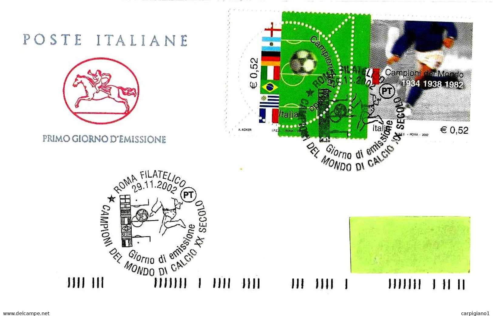 ITALIA ITALY - 2002 ROMA Nazionali Campioni Mondo Calcio Serie 2v. Su Busta PT Cavallino Fdc - 8480 - 2001-10: Storia Postale