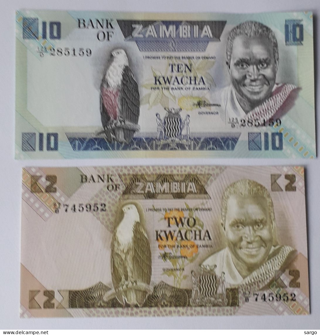 ZAMBIA - 2/10  KWACHA - P 24, P 26 (1980-1988) - 2 PCS  - UNC - BANKNOTES - PAPER MONEY - CARTAMONETA - - Zambie