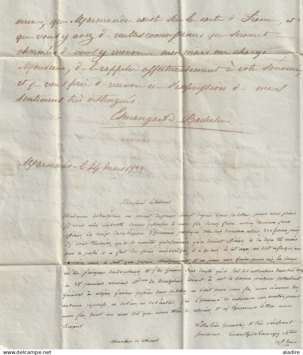 1832 - Lettre De "recommandation" De Marmande, Lot Et Garonne Vers Alger, Afrique - Via Toulon - Cad Fleurons Simples - 1801-1848: Precursors XIX