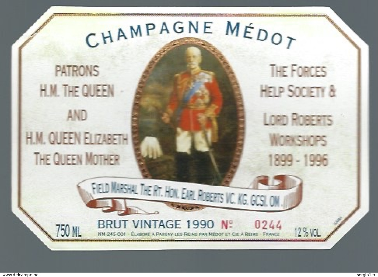 Etiquette Champagne Millésimé 1990  N°0244  La Reine Et La Reine Mère Pour Le Dc De Lord Roberts Médot  Pargny Les Reims - Champagne