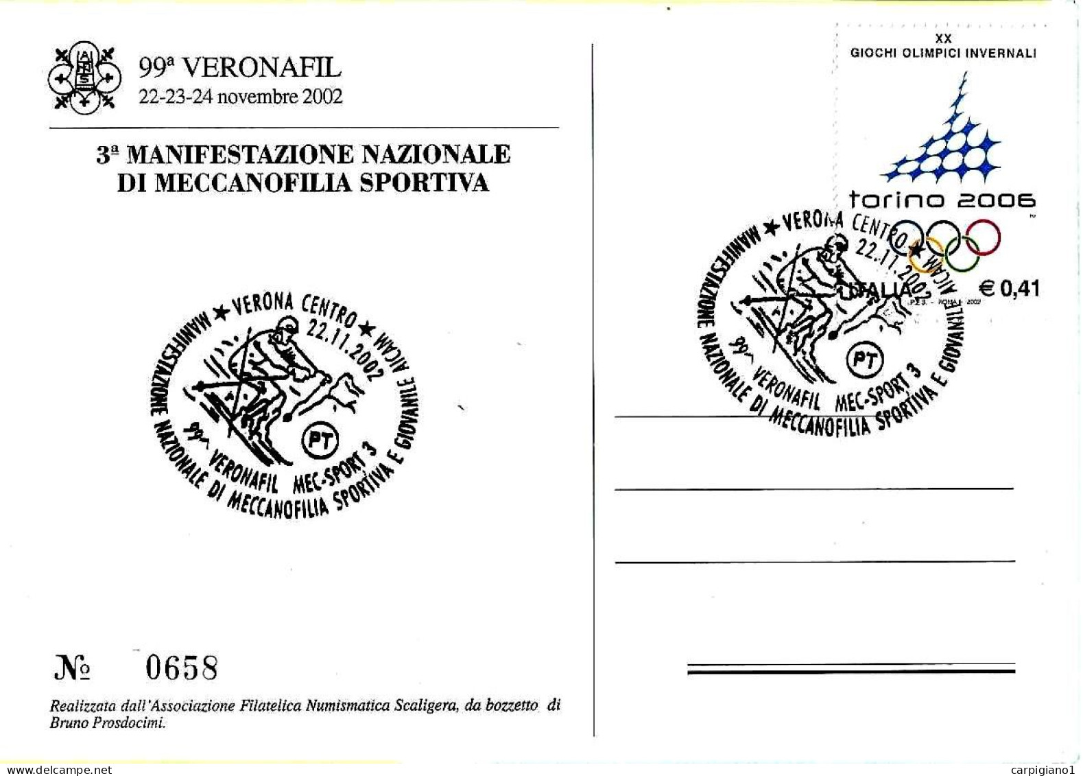 ITALIA ITALY - 2002 VERONA 99° Veronafil Mec-Sport 3 (sciatore Slalom) Su Cartolina Veronafil Di Bruno Prosdocimi - 8529 - 2001-10: Storia Postale