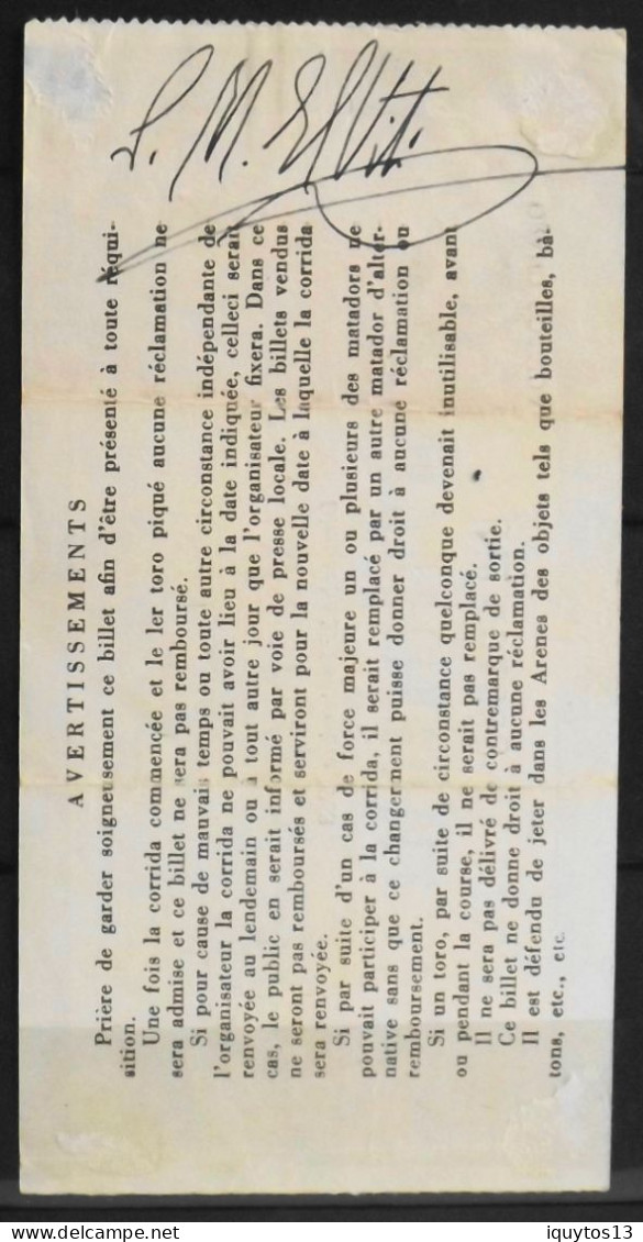 BILLET - CORRIDA - Plaza De Toros - NIMES Dimanche 27 Septembre 1963 - Amphithéâtre - Au Verso Autographe EL VITTI - Eintrittskarten