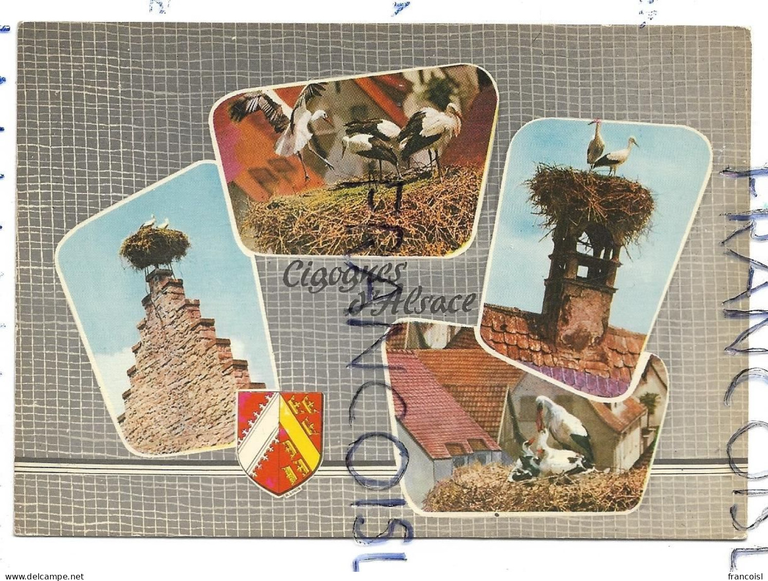 Carte Mosaïque. Cigognes D'Alsace. Blason De L'artiste Héraldique R. Louis - Alsace