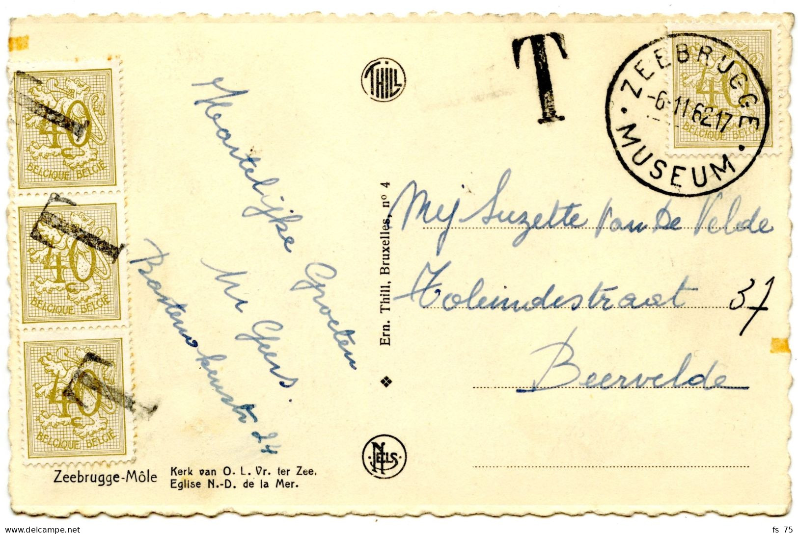 BELGIQUE - COB 853 SIMPLE CERCLE ZEEBRUGE MUSEUM SUR CARTE POSTALE TAXEE AVEC N°853X3, 1962 - Storia Postale