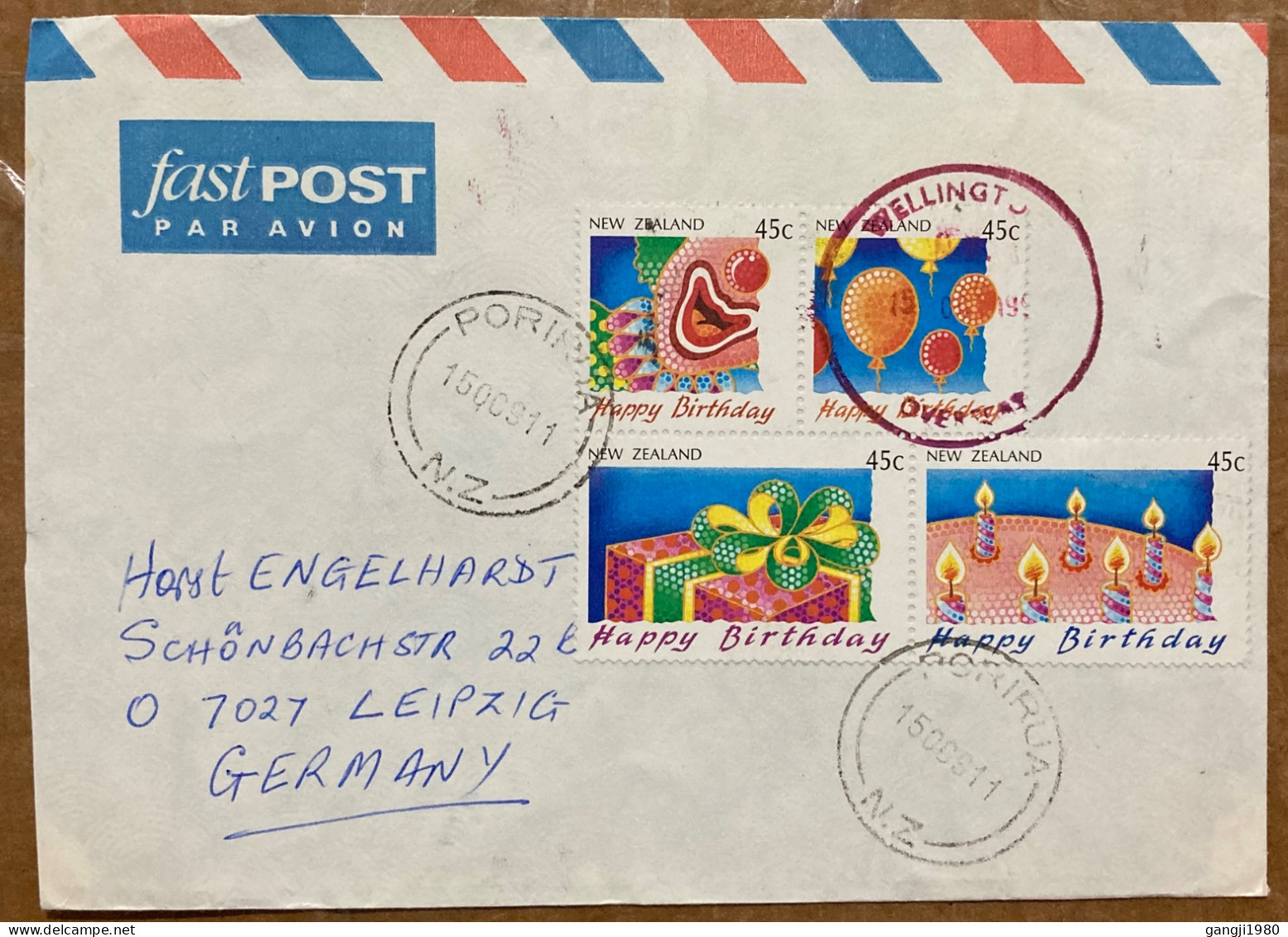 NEW ZEALAND 1991, COVER USED TO GERMANY, HAPPY BIRTHDAY 4 DIFF STAMP, PORIRUA CITY & WELLIGTON CITY CANCEL. - Cartas & Documentos