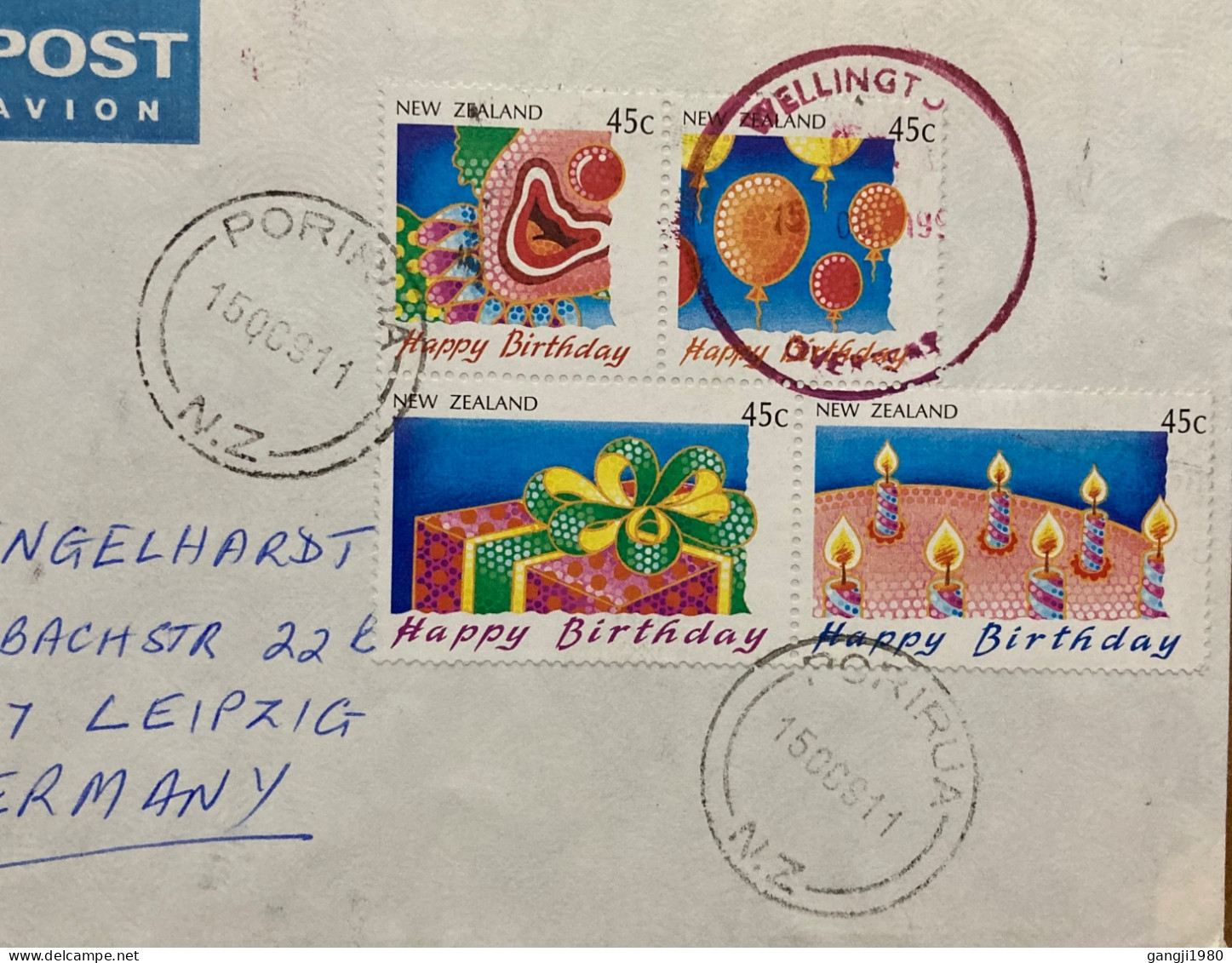 NEW ZEALAND 1991, COVER USED TO GERMANY, HAPPY BIRTHDAY 4 DIFF STAMP, PORIRUA CITY & WELLIGTON CITY CANCEL. - Lettres & Documents